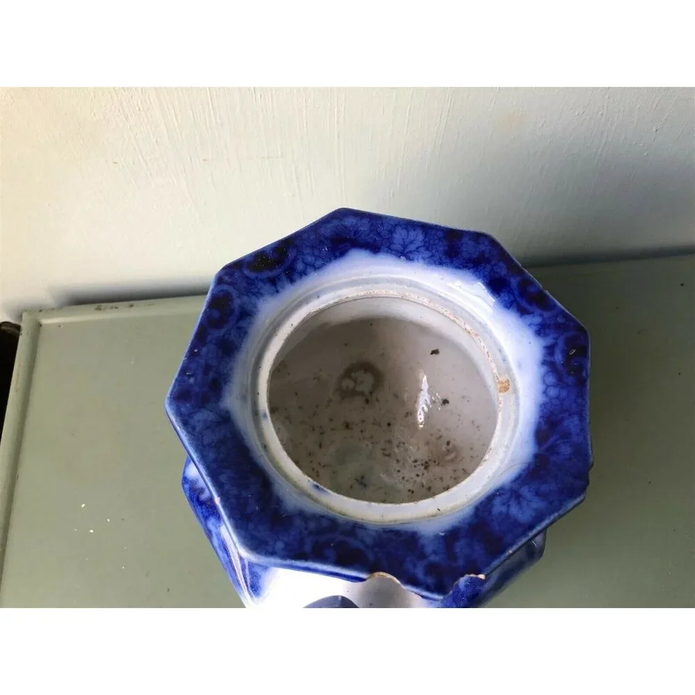 vintage Flow Blue Transferware double handle urn sugar bowl pot jar planter